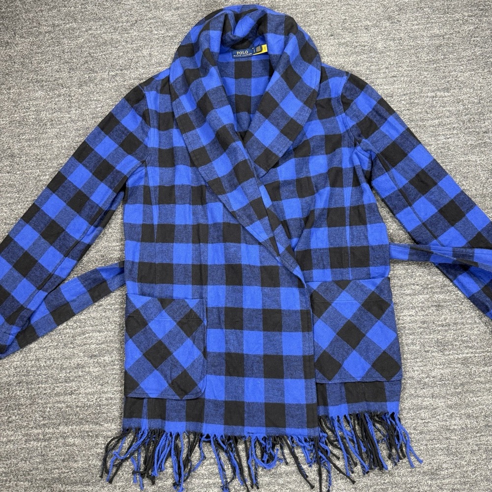 Polo Ralph Lauren Jacket Women Small Blue Buffalo Plaid Fringe Belt Coat flannel - Picture 5 of 14